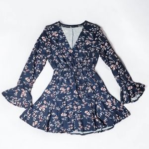 Womens Cottagecore Fairy Dress Floral Blue Pink Flared Sleeves